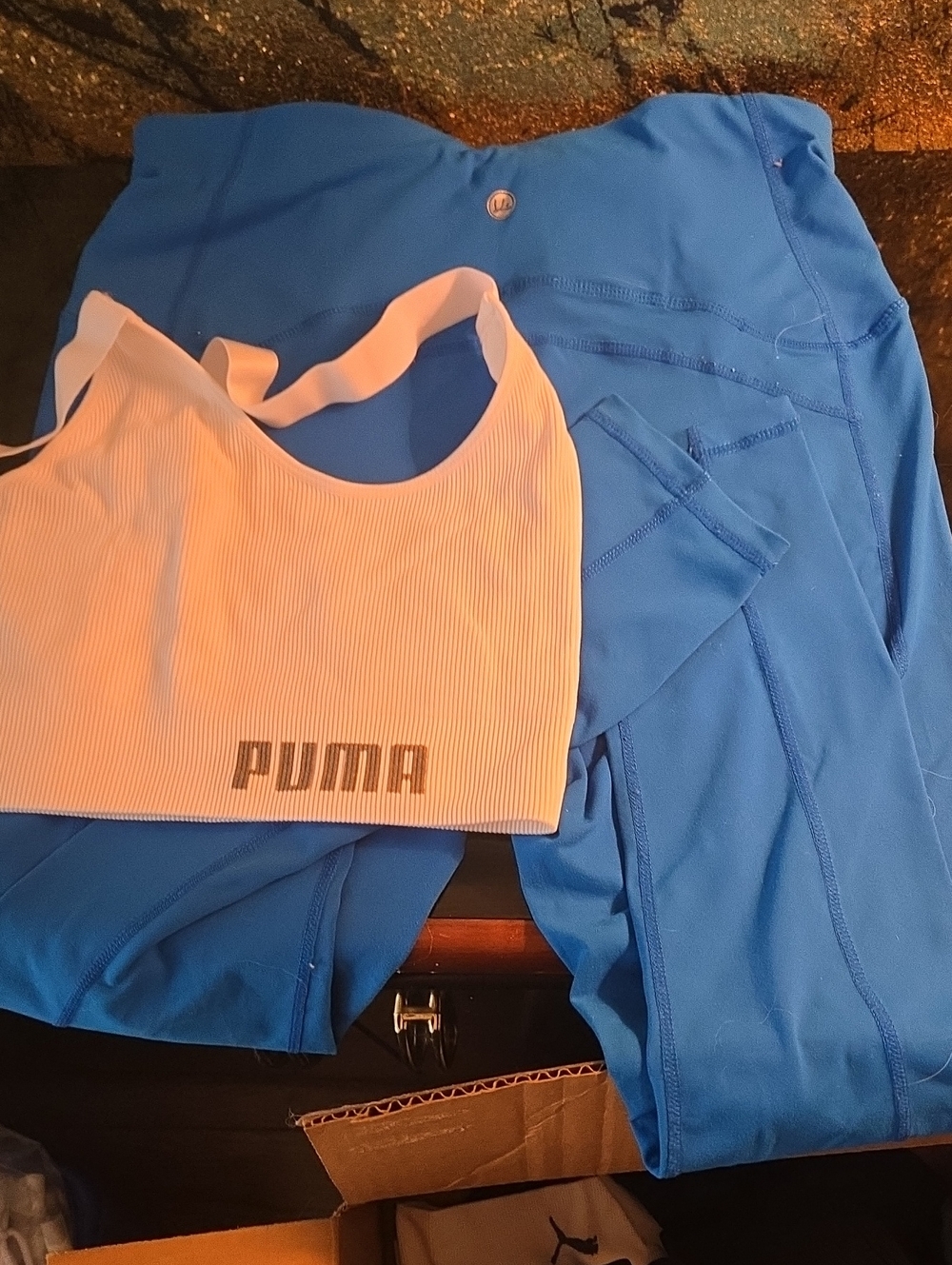Puma Blue Leggings and White Puma Sports Bra Active Set